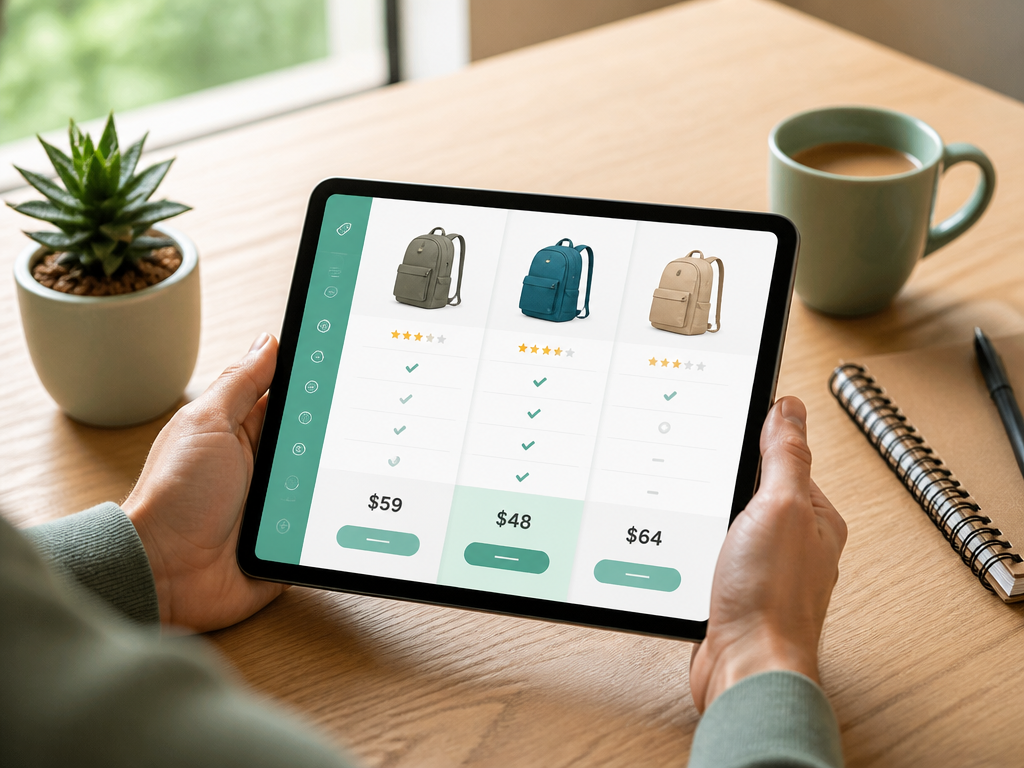 Person comparing product prices on a tablet at a cozy desk
