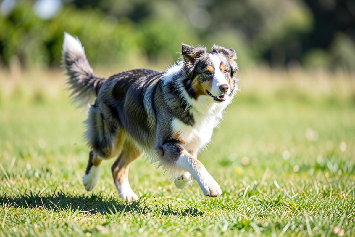 An Australian shepherd running across a grassy field.