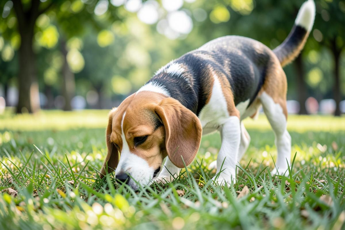 A beagle sniffing the grass in a park.