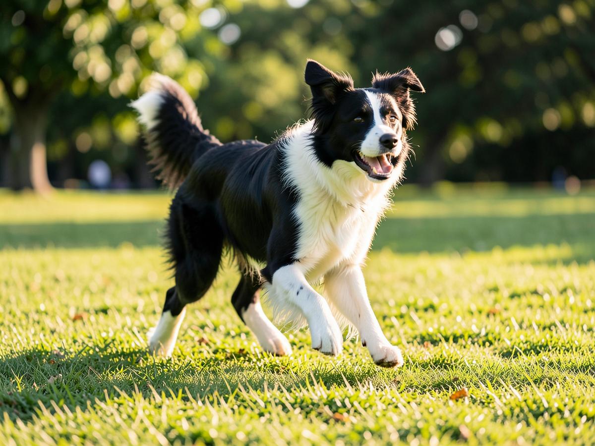 A black and white Border Collie running in a park field.