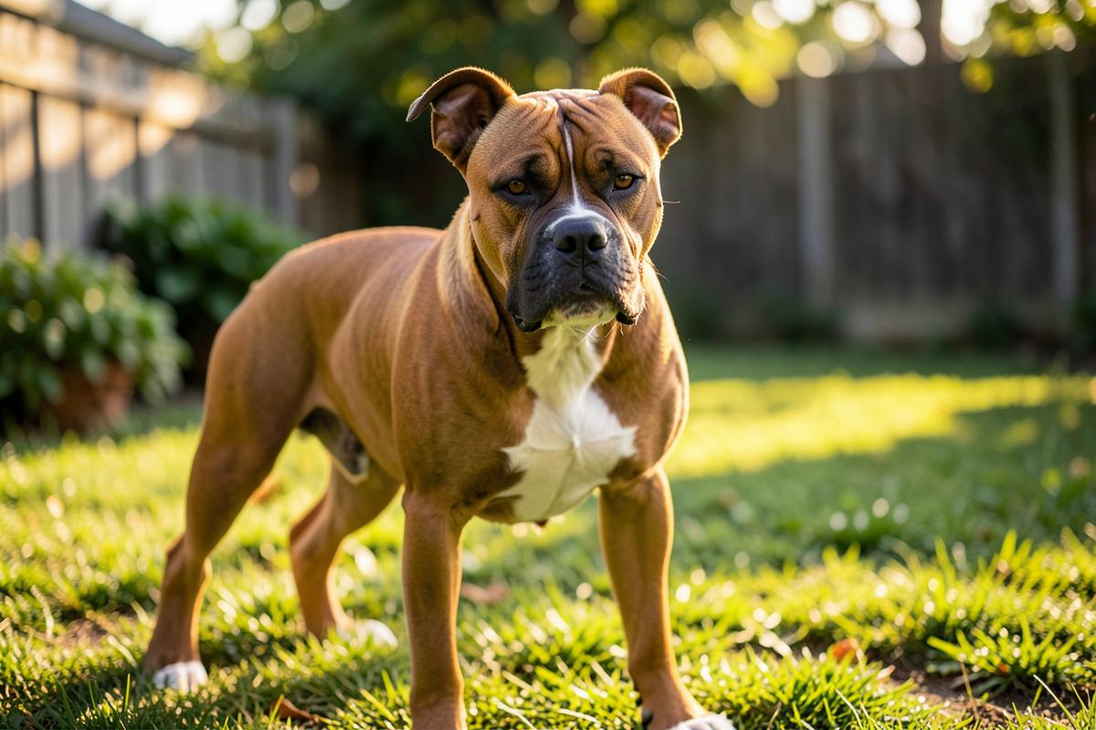 A boxer dog standing in a backyard in afternoon light.