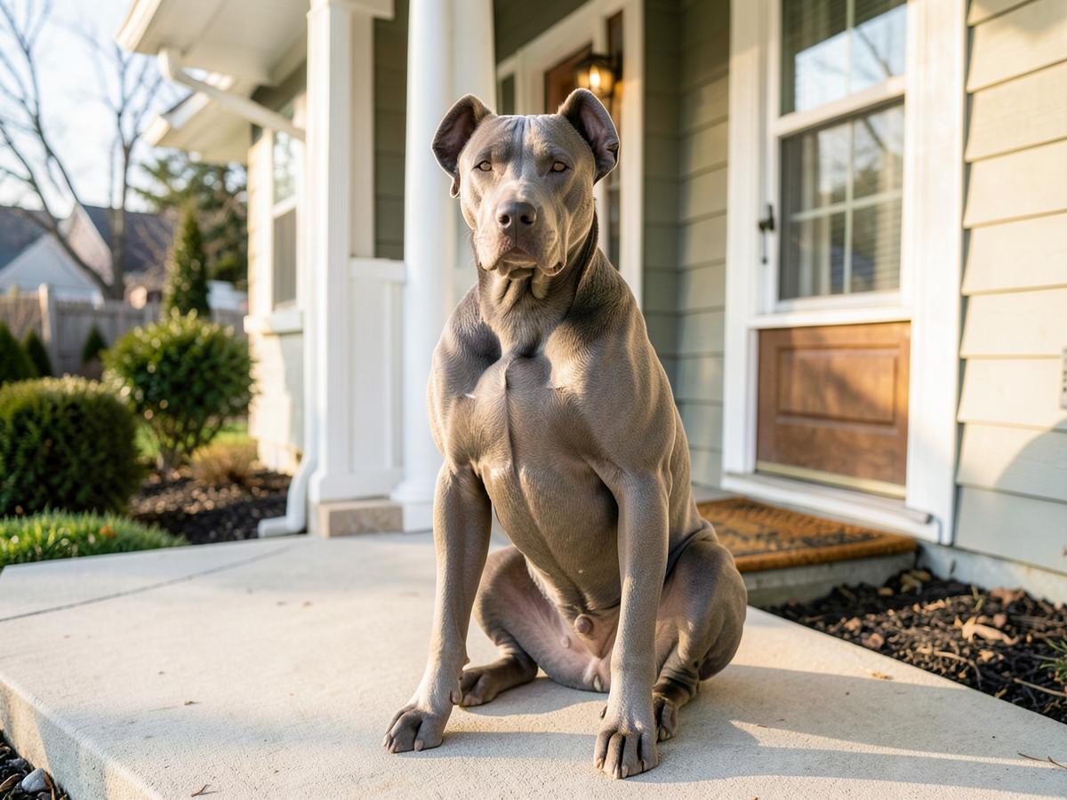 A gray Cane Corso sitting on a home's front porch.