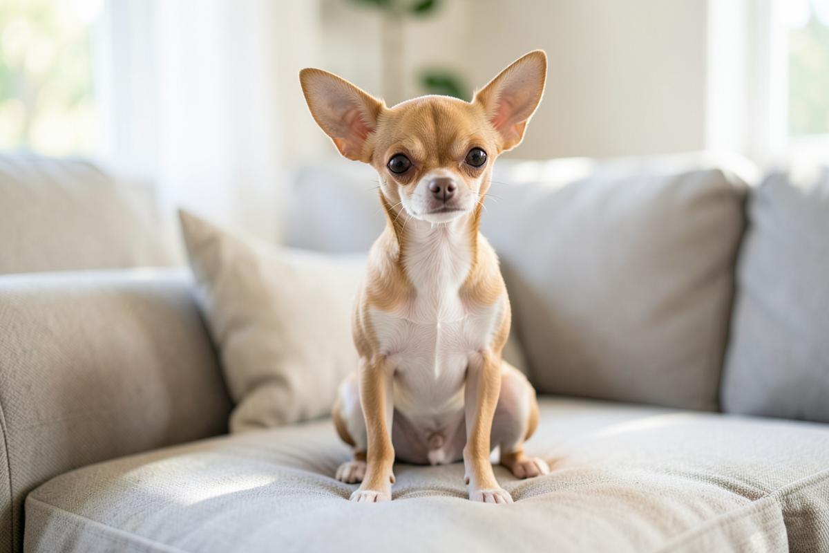 A tan chihuahua sitting on a couch in a bright living room.