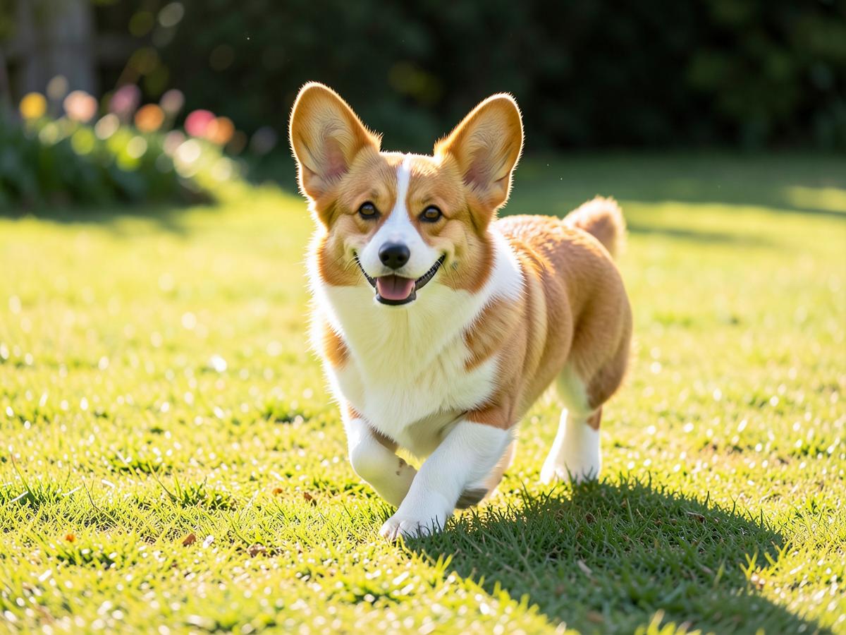 A red and white corgi trotting across a sunny lawn.