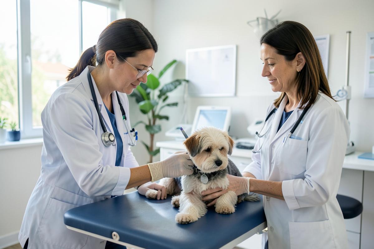 A veterinarian examining a small dog while the owner watches.
