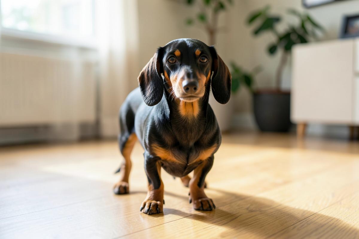 A black and tan dachshund standing on a wooden floor at home.