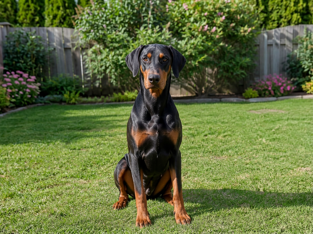 A black and rust Doberman pinscher sitting on grass in a sunny backyard.