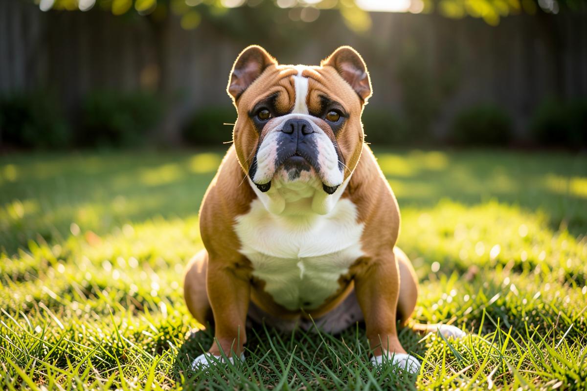 An English bulldog sitting on grass in a sunny backyard.