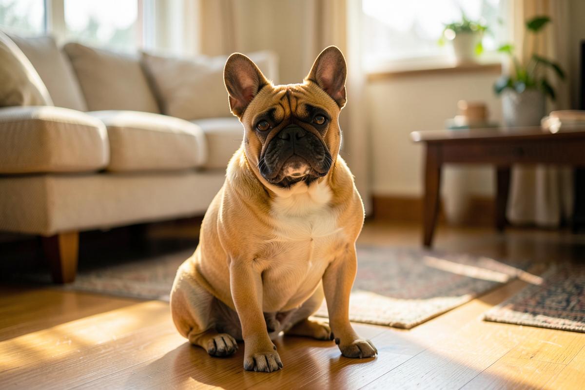 A fawn French bulldog sitting in a sunlit living room.