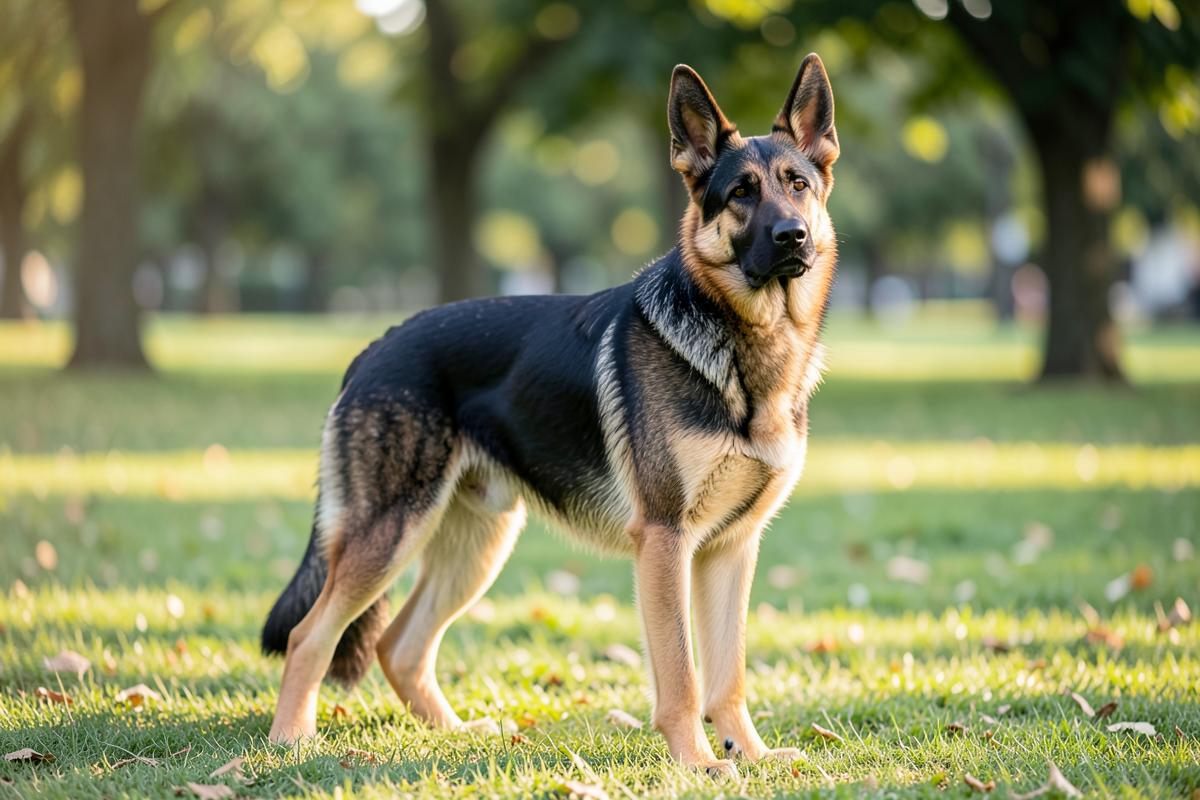 A German shepherd standing alert in a park.