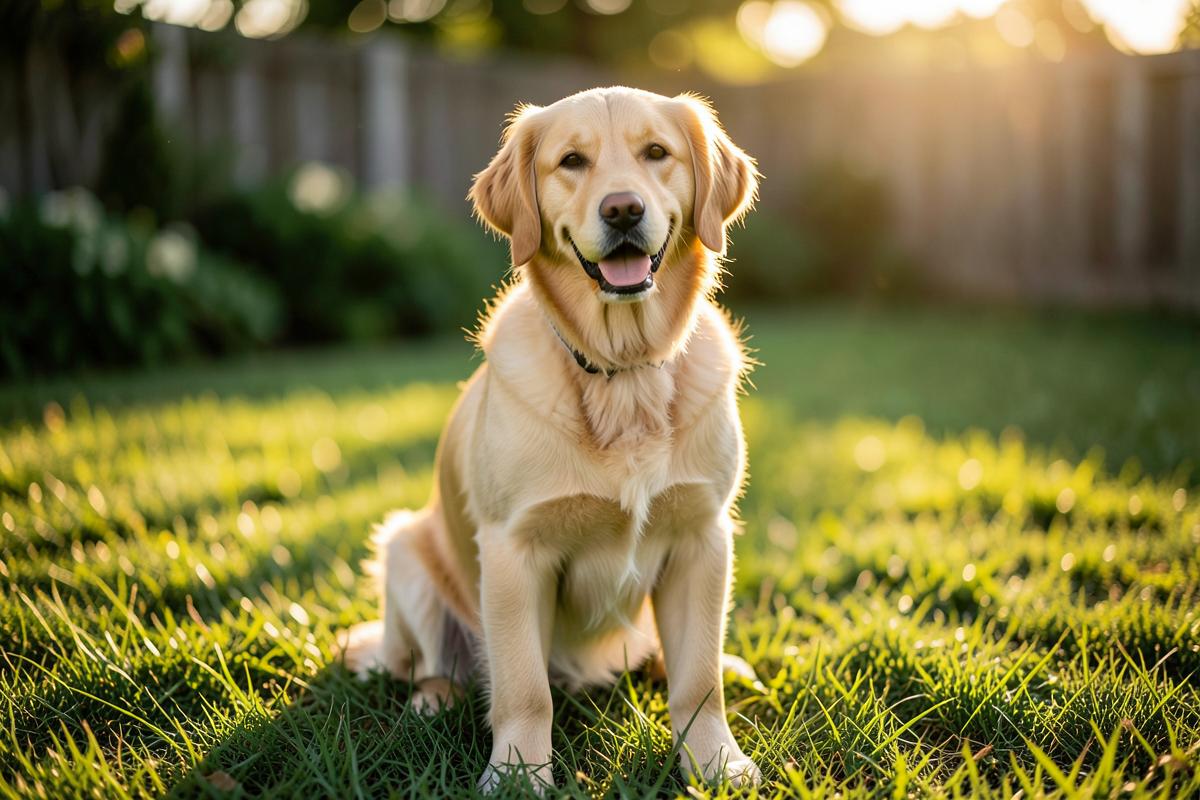 A golden retriever sitting on grass in a backyard.