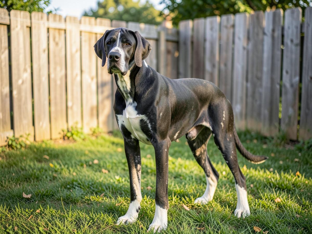 A harlequin Great Dane standing in a fenced backyard.