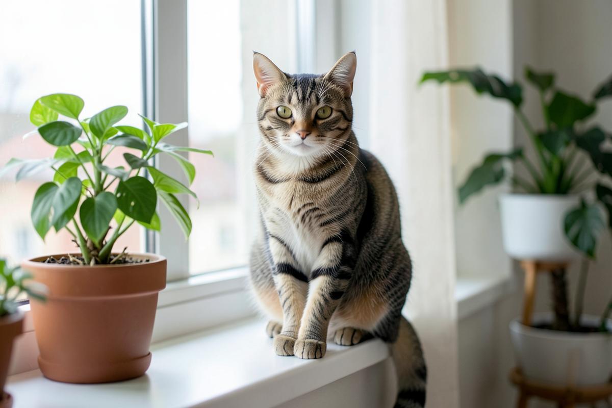 An indoor tabby cat sitting on a bright windowsill.