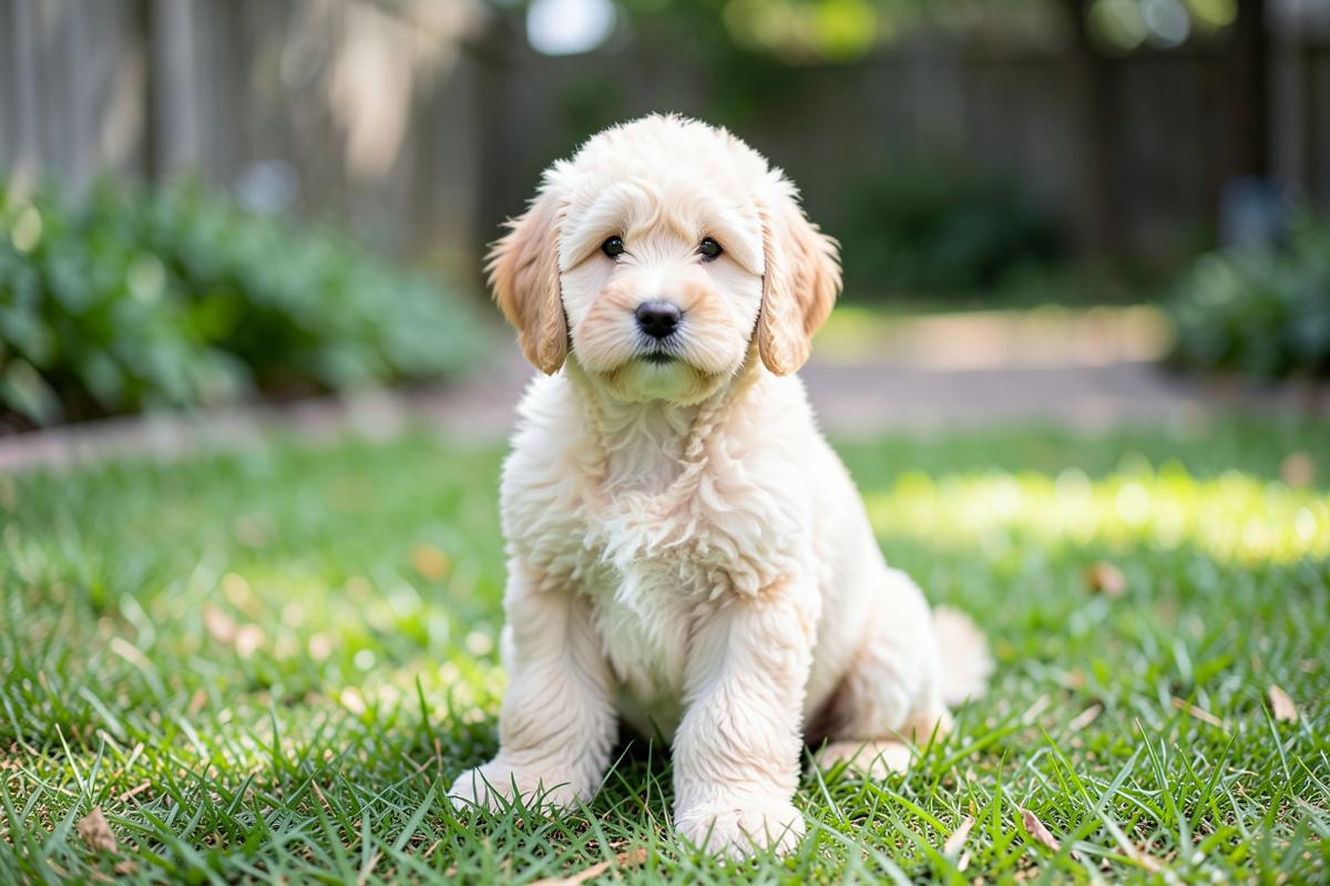 A cream labradoodle sitting on a lawn in a backyard.
