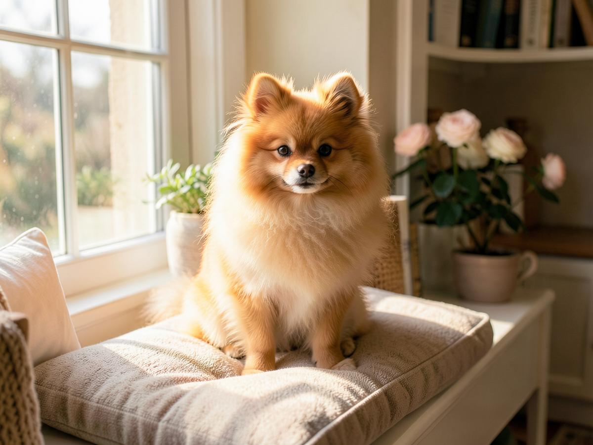 An orange Pomeranian sitting on a windowsill cushion.