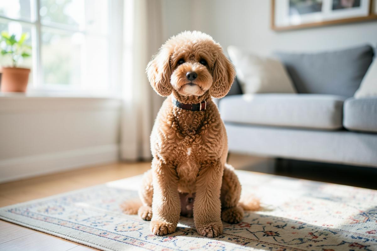 A standard poodle sitting on a rug in a bright living room.