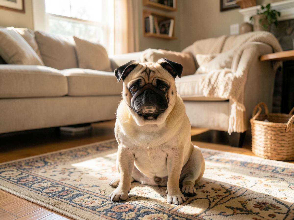 A fawn pug sitting on a rug in a bright living room.