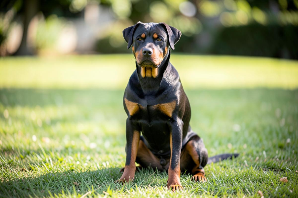 A rottweiler sitting calmly on a sunlit lawn.