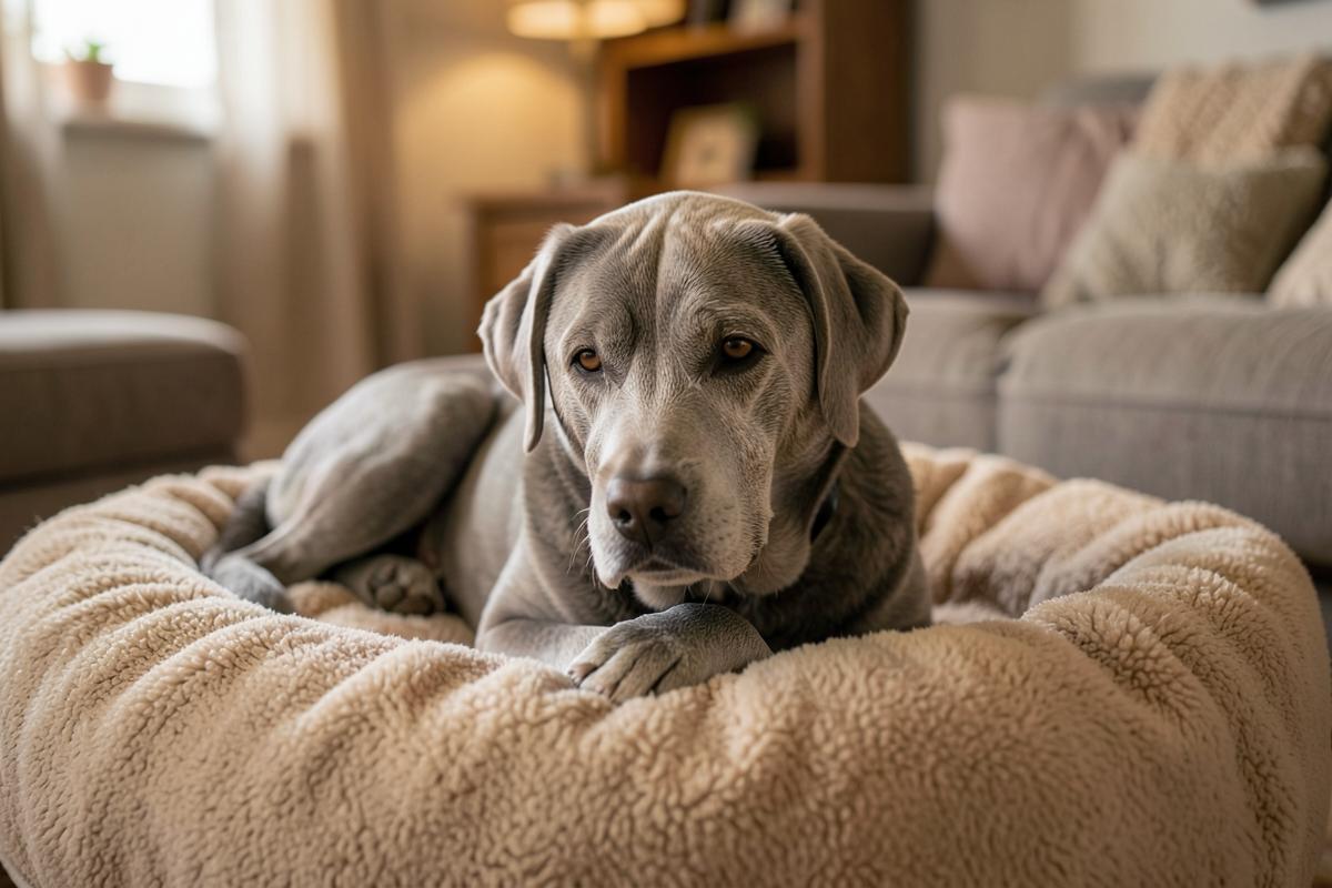 A gray-muzzled senior dog resting on a soft bed at home.