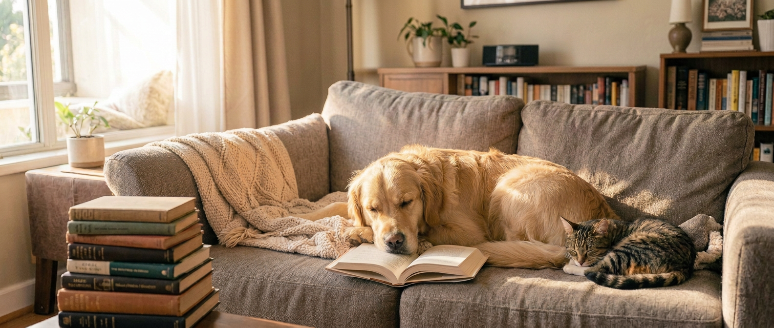 A golden retriever and a tabby cat resting on a cozy sofa with an open book.