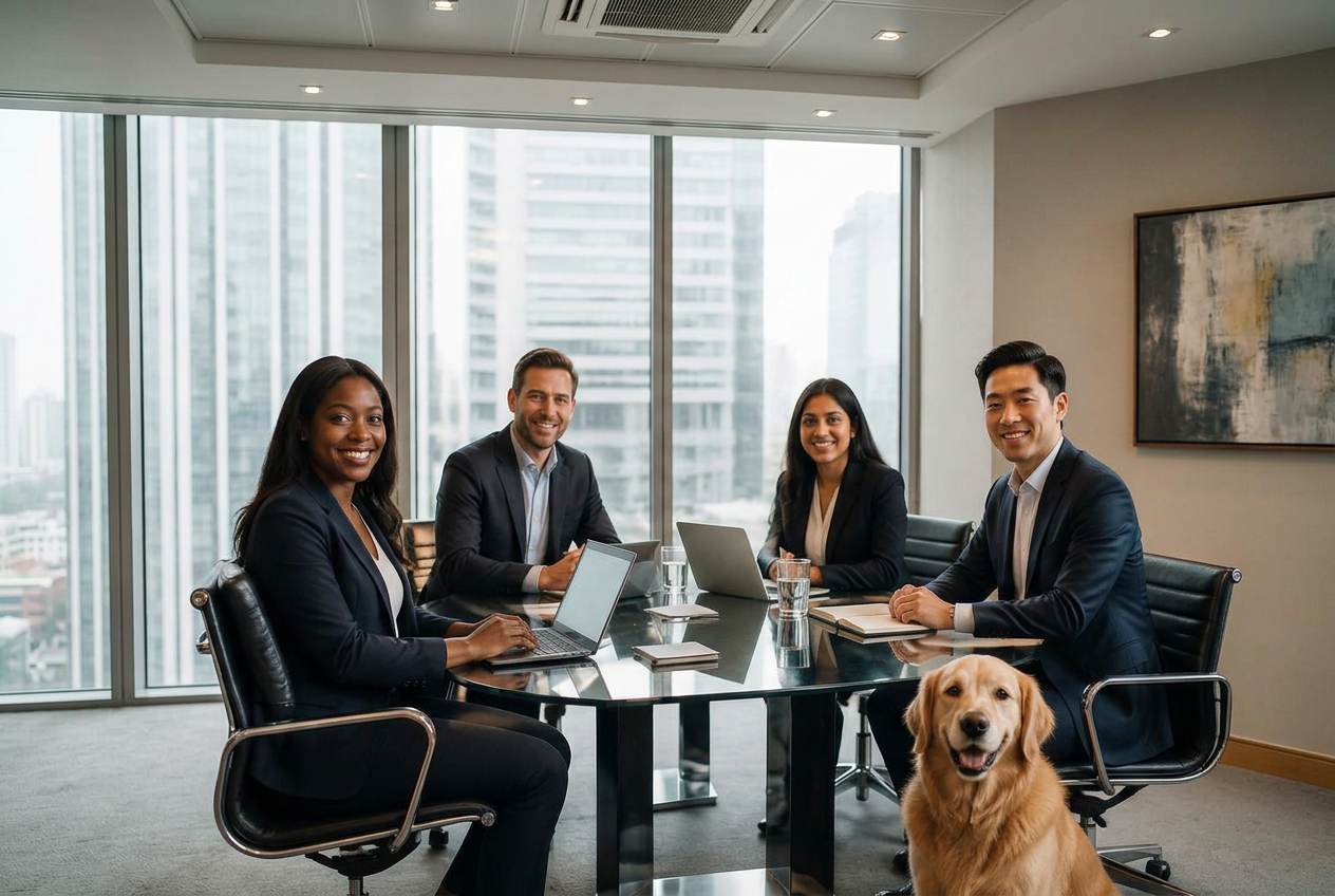 Diverse business professionals seated around a conference table with a golden retriever beside them.