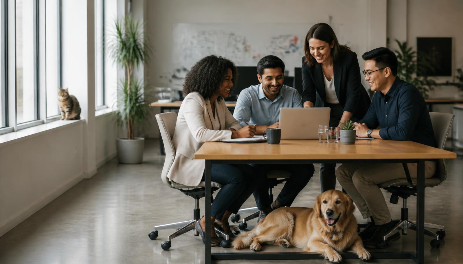 Pet insurance researchers working together with dogs nearby.