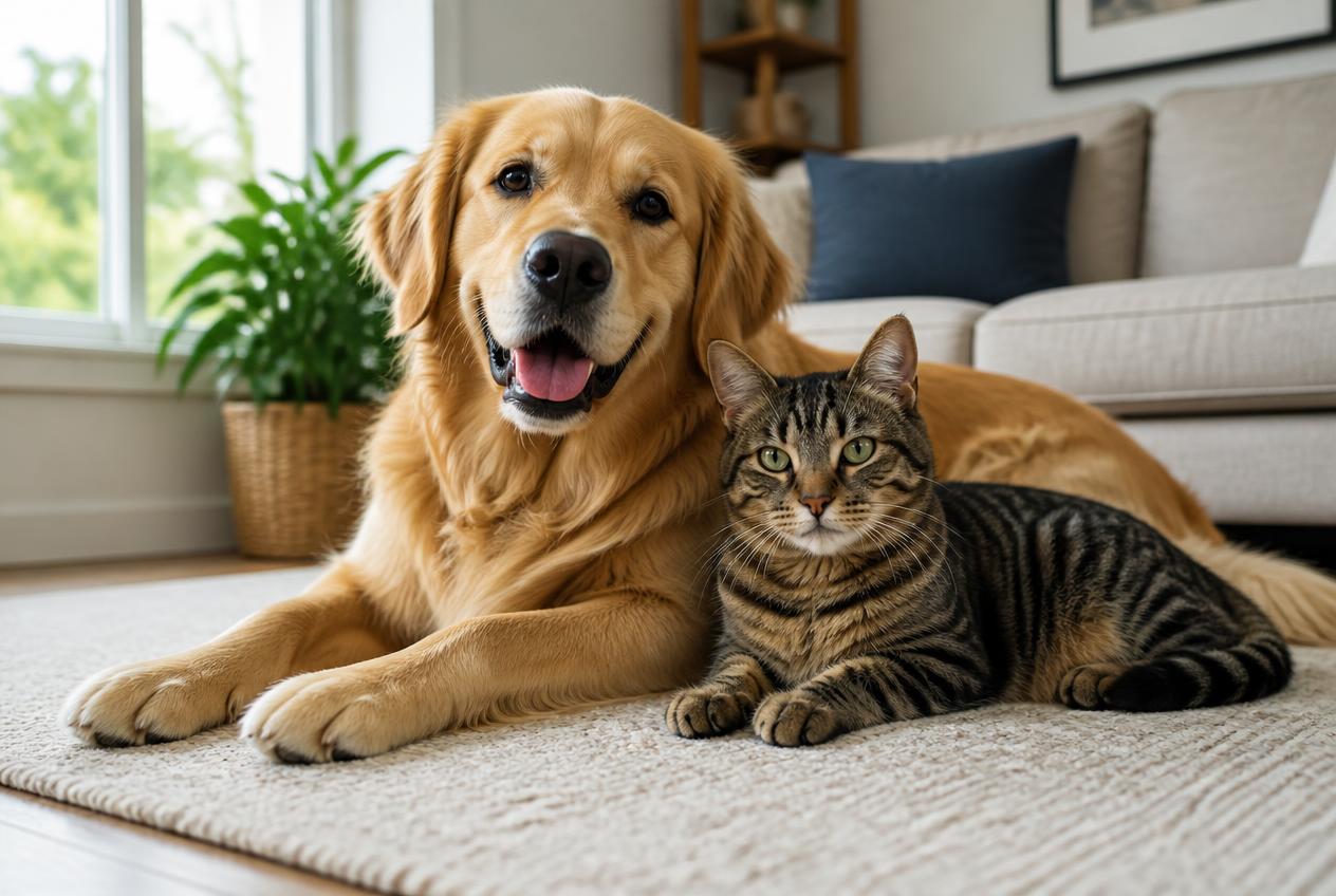 A golden retriever and a tabby cat resting together on a living room rug.