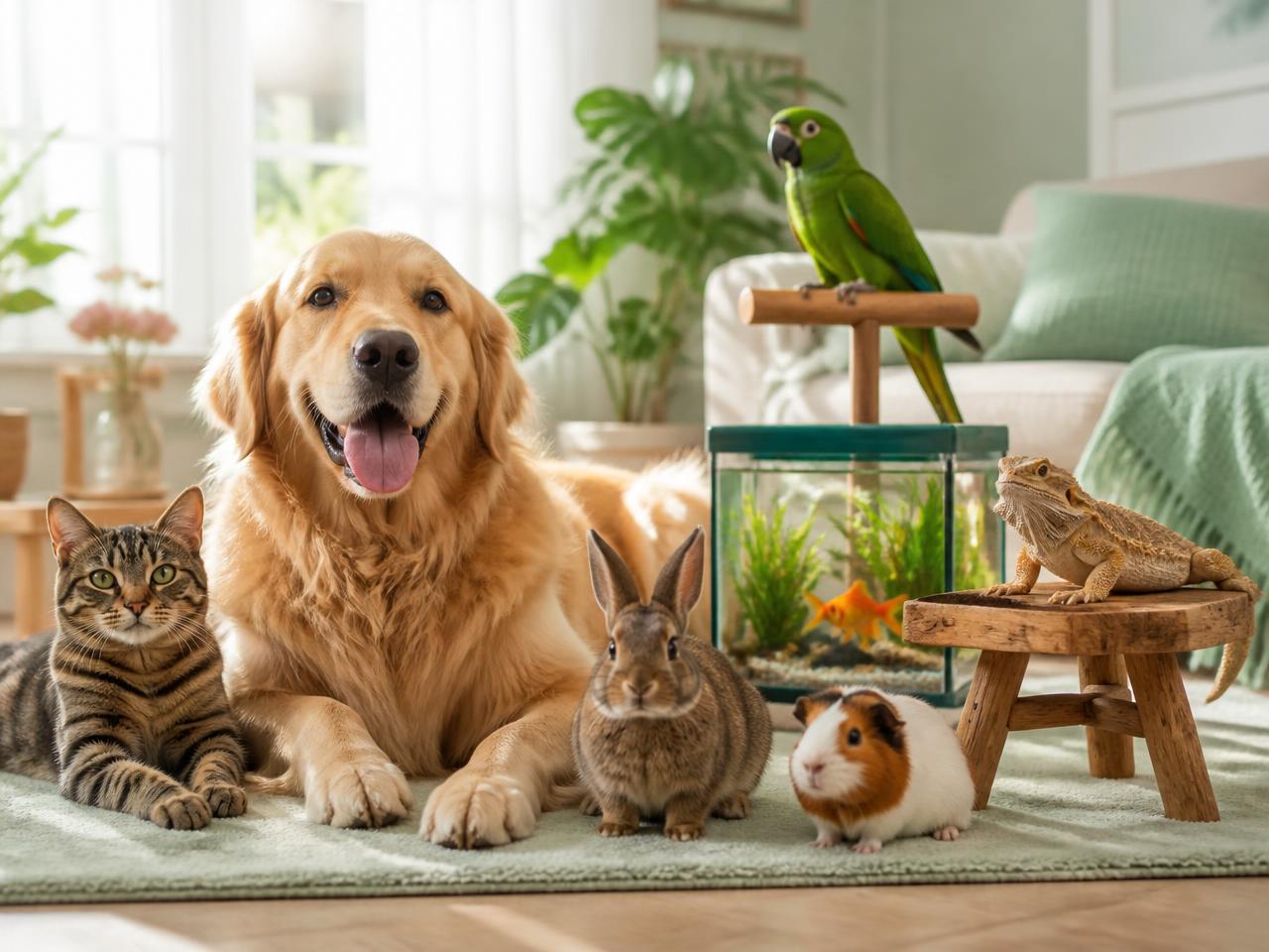 A mix of dogs and cats resting together at home.